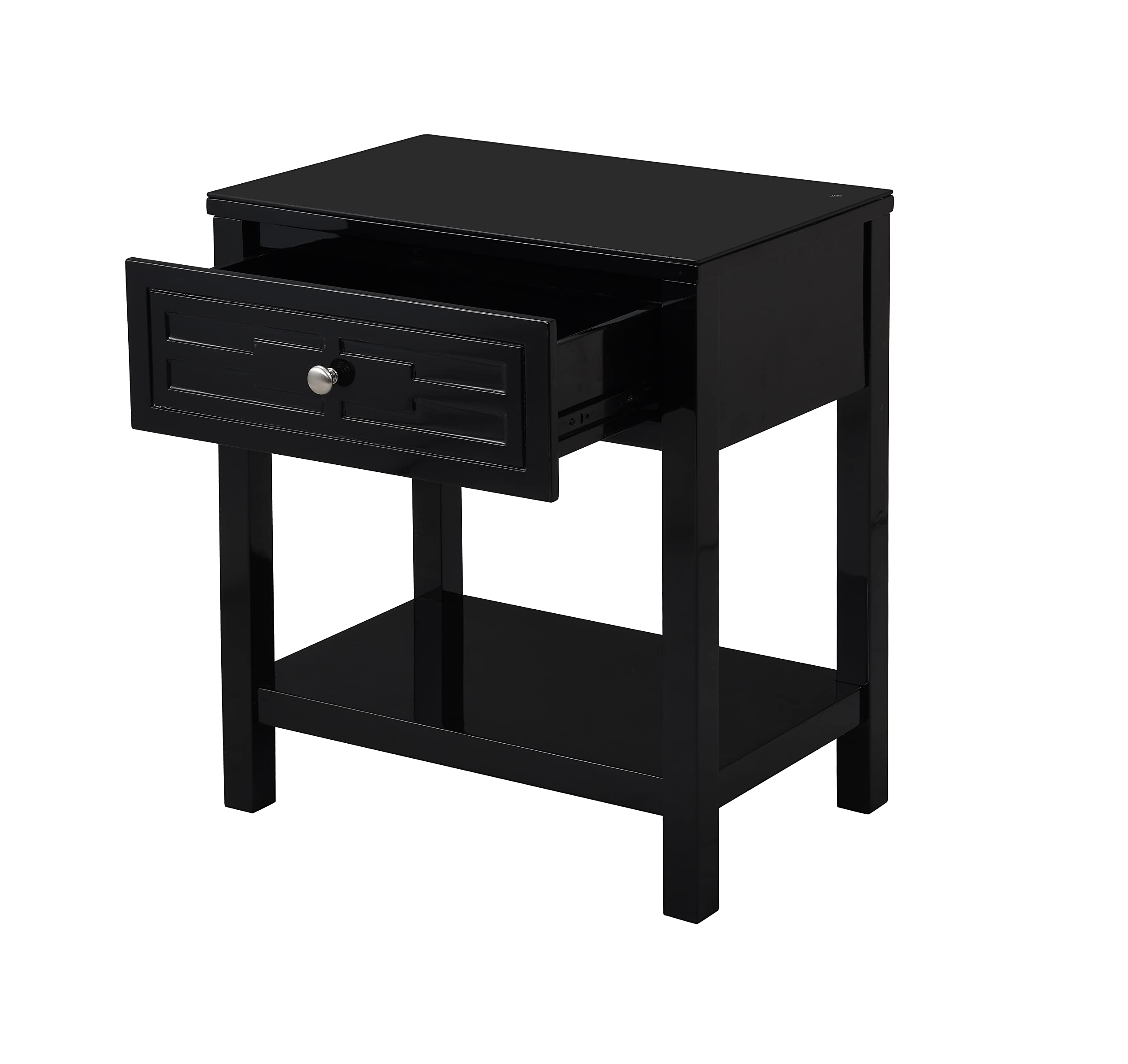 Lilola Home Dylan Black Wooden End Side Table Nightstand with Glass Top and Drawer