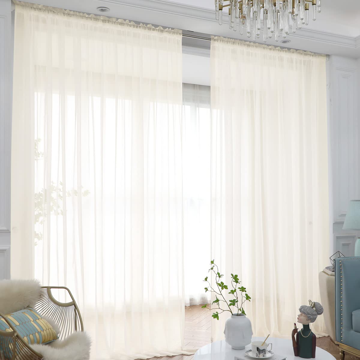Window Beige Sheer Curtains 145 Inches Long 2 Panels Sheer Curtain Basic Rod Pocket Panel For Bedroom Children Living Room Yard