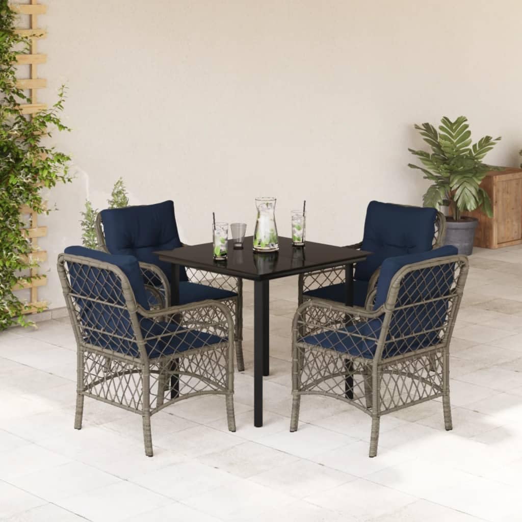 vidaXL 5-Piece Patio Dining Set - Poly Rattan, Powder-Coated Steel, Cushioned Chairs, Tempered Glass Table, Gray/Navy
