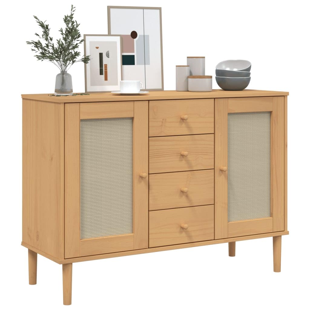 vidaXL Midcentury Boho Sideboard with Ample Storage and Poly Rattan Surface | Solid Pinewood Furniture Ideal for Living Room