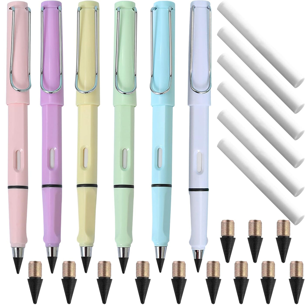 Flton 18 Pcs Portable Erasable Inkless Pencil Set(6 Pcs Everlasting Pencils With Eraser+12 Pcs Replaceable Nibs) For Writing And