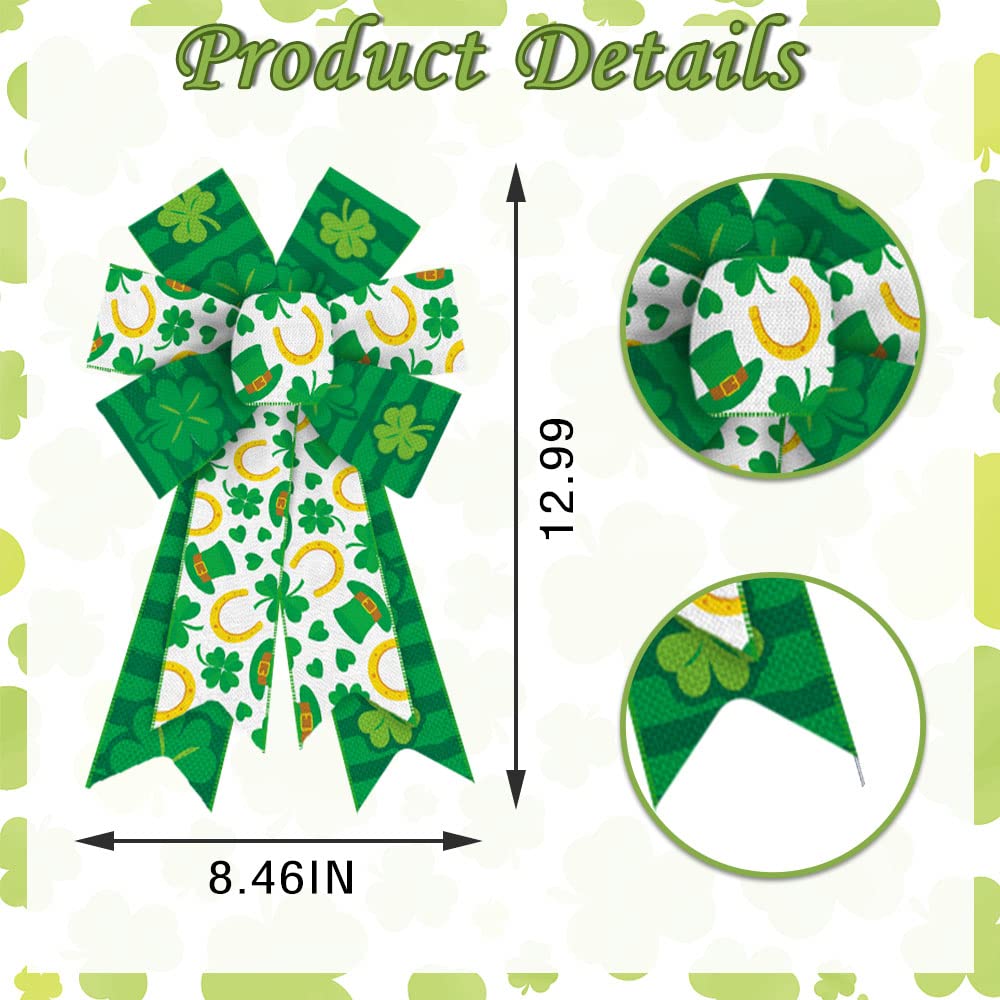 2Pcs Saint Patrick'S Wreath Bows St. Patrick Bows Horseshoe Clover Hat Burlap Bow For Wreaths, St Patrick'S Day Ribbon Bows Tree
