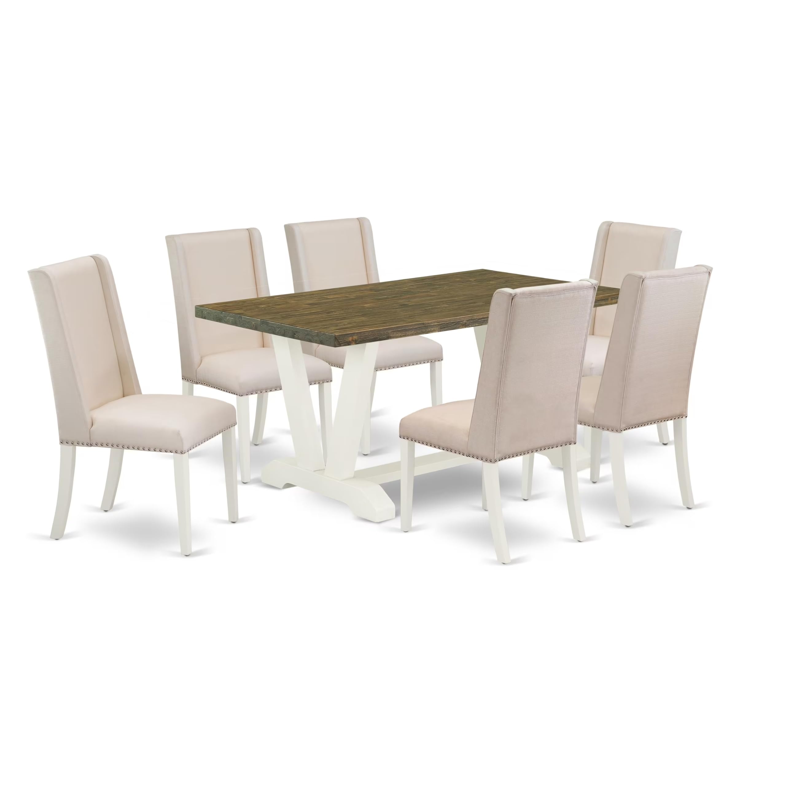 East West Furniture V076Fl201-7 7 Piece Kitchen Table Set Consist Of A Rectangle Dining Table With V-Legs And 6 Cream Linen Fabric Parsons Dining Chairs, 36X60 Inch, Multi-Color