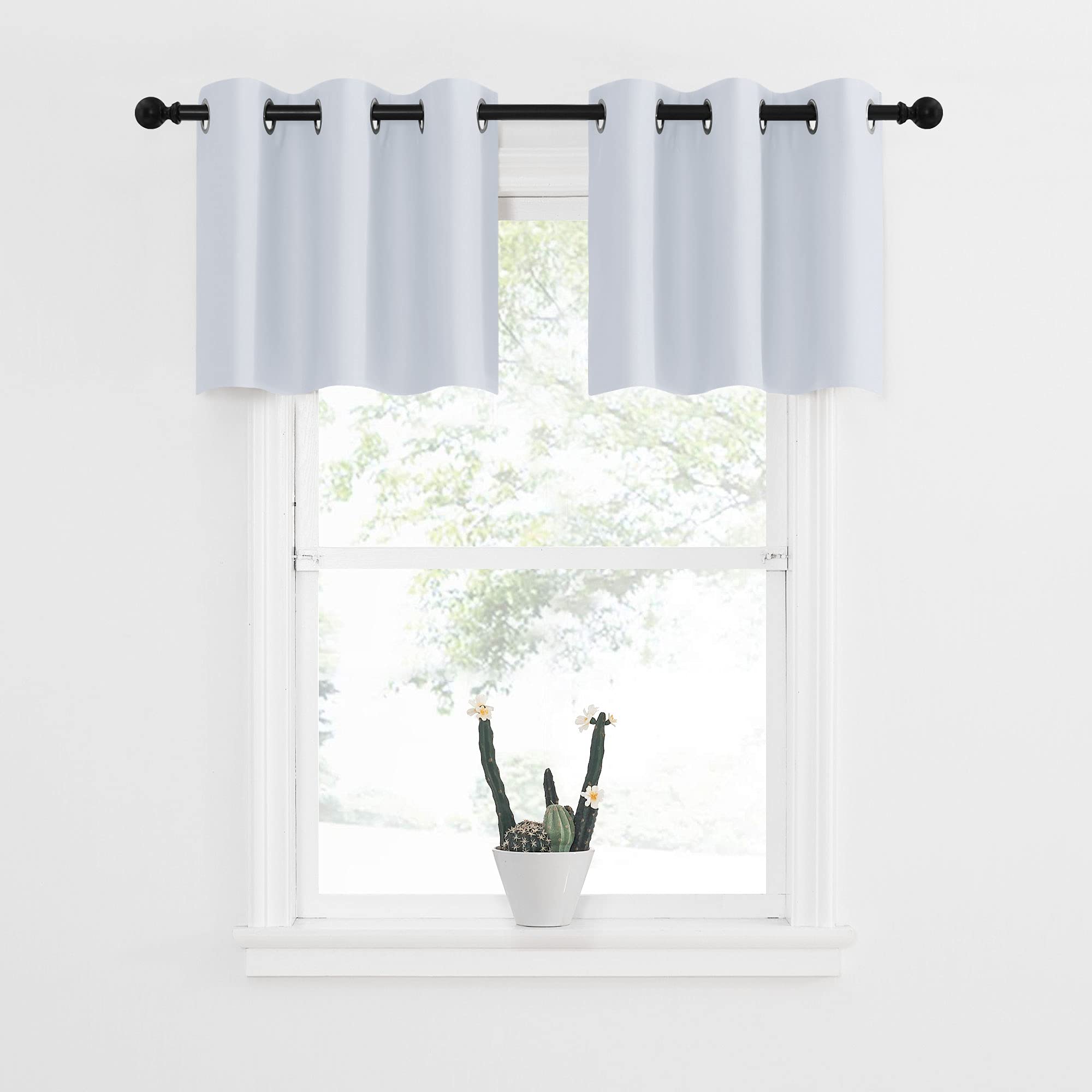 Nicetown Greyish White Tiers Room Darkening Valances - Energy Efficient Kitchen Grommet-Top Kitchen Curtain Panels For Short Windows (2-Pack, W42 X L18 Inches, Platinum-Greyish White)