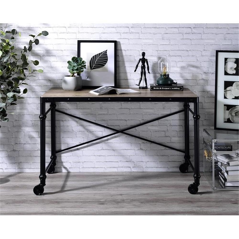 Acme Oklarth Wooden Top Writing Desk with Wheels in Rustic Oak and Black