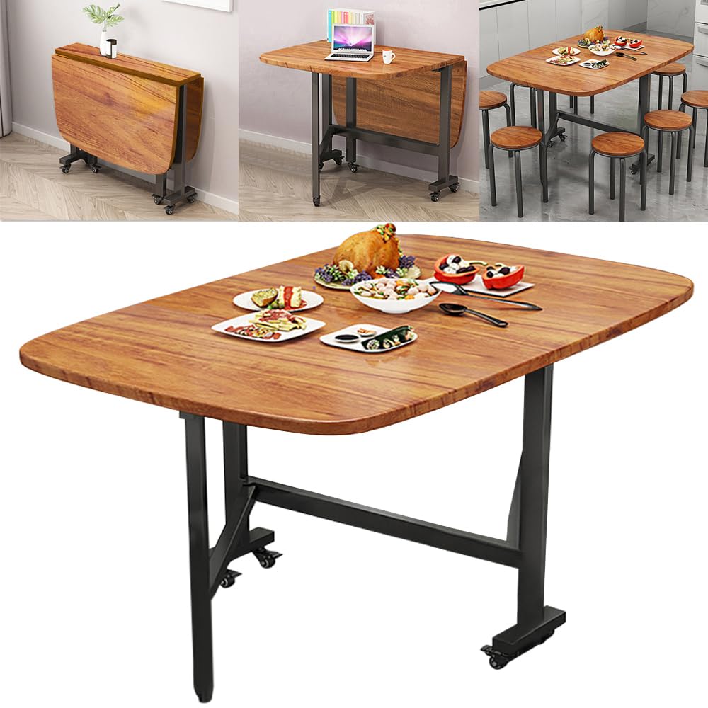 Rukulin Multifunction Table Drop Leaf Dining Table - 47 Solid Wooden Foldable Kitchen Table with 6 Wheels (Brown)