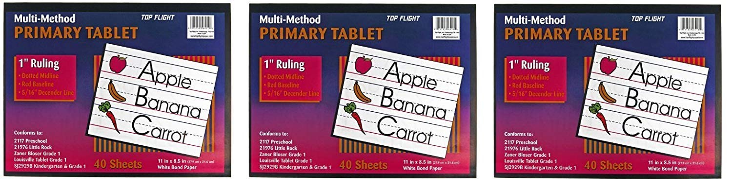 Top Flight Multi-Method 1St Grade Primary Tablet, 1 Inch Ruling, Bond Paper, 11 X 8.5 Inches, 40 Sheets 56415 (Pack Of 3)