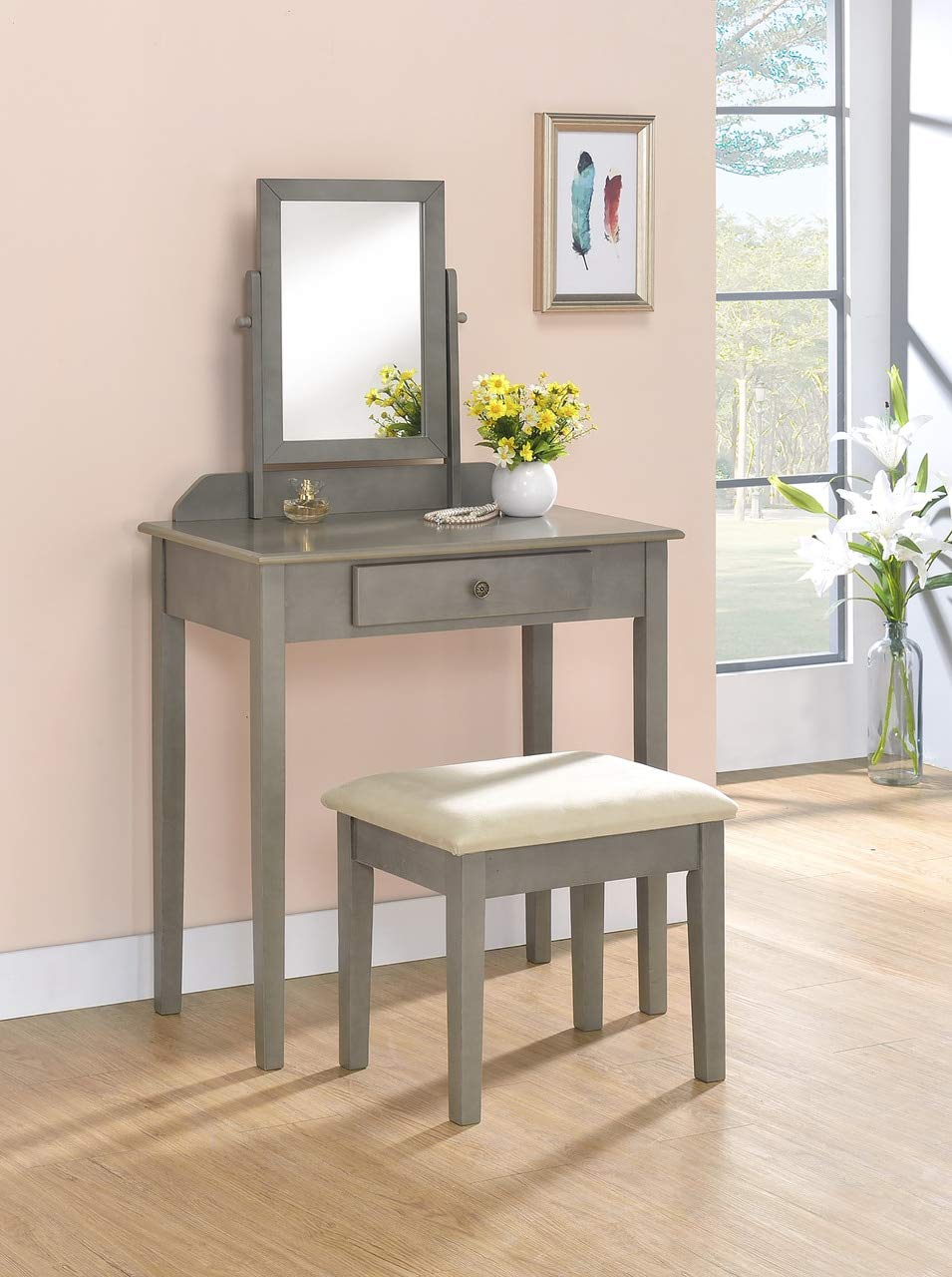 Os Home And Office Model Table & Stool Three Piece Vanity, Fashionable Gray Finish