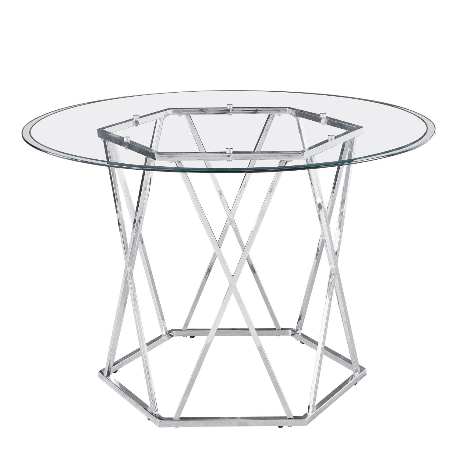 Steve Silver Furniture Escondido 48-Inch Round Dining Table, Mid-Century Modern Styling, Tempered Glass Table Top, Kitchen/Dining Room, Chrome Iron Base, 48" D x 48" W x 30" H, Chrome