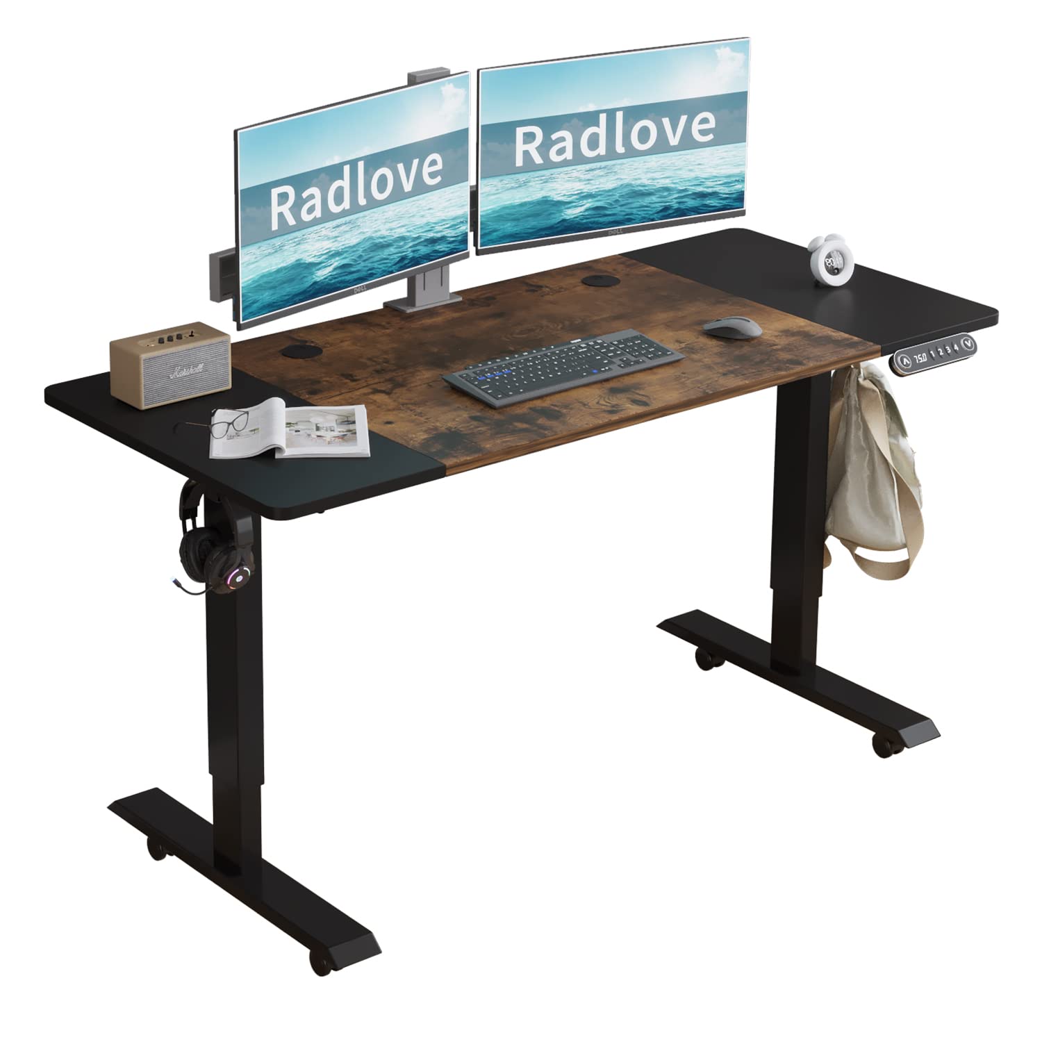 Radlove Electric Height Adjustable Standing Desk, 55 X 24 Inches Sit Stand Up Workstation, Splice Board Memory Computer Table Ergonomic (Black Frame + 55' Black+Brown Top)