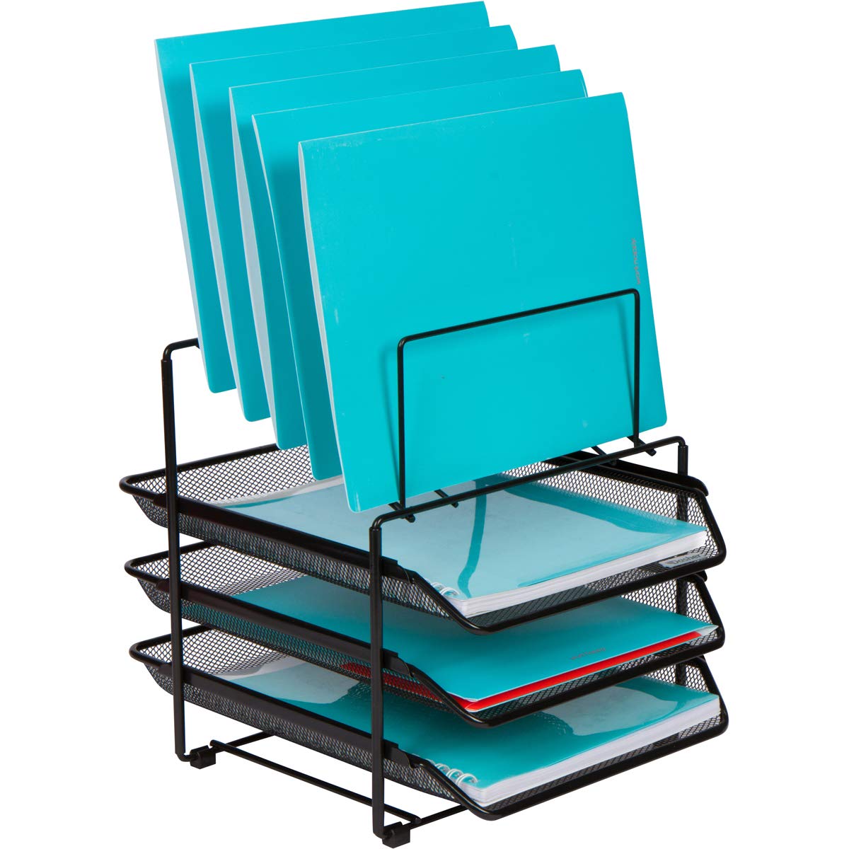 Mesh Desk Organizer And Storage - Office Organizer With 3 Sliding Letter Trays And 5 Vertical File Holders, File Rack For Binder