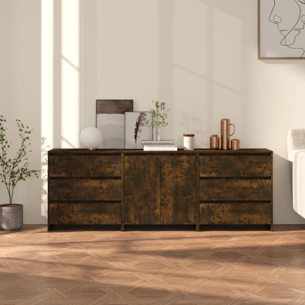 vidaXL Sideboard 3 Piece Home Indoor Bedroom Living Room Highboard Buffet Side Storage Console Cabinet Furniture Smoked Oak Engineered Wood
