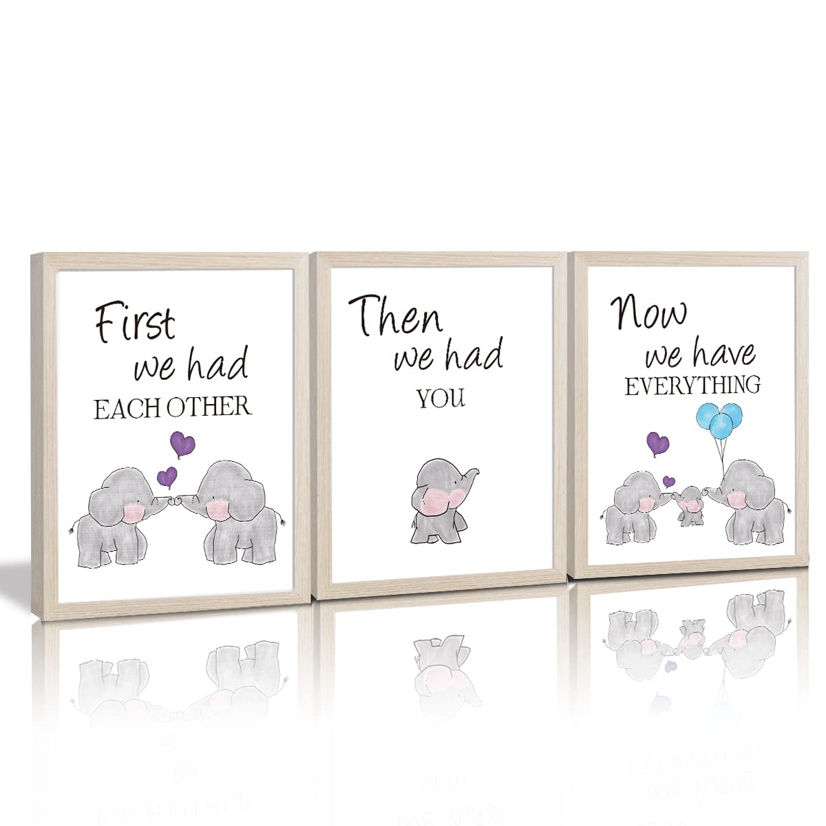 KAIRNE Watercolor Elephant Family Framed Canvas Wall Art ,First We Had Each Other Quote Art Print,Nursery Animal Love Words Pict