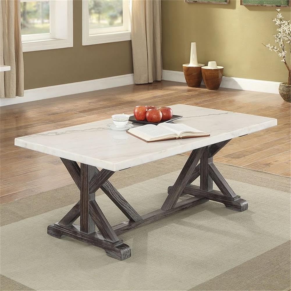 Acme Romina 50&quot; Marble Top Coffee Table in White and Espresso