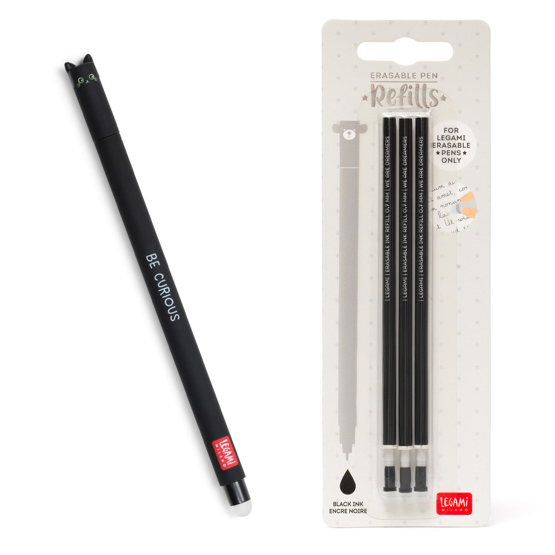 Legami - Set Of 1 Erasable Gel Pen And 3 Refill, Cat Theme, Ball On End To Remove Ink - Black Thermosensitive Ink Tip Diameter 0