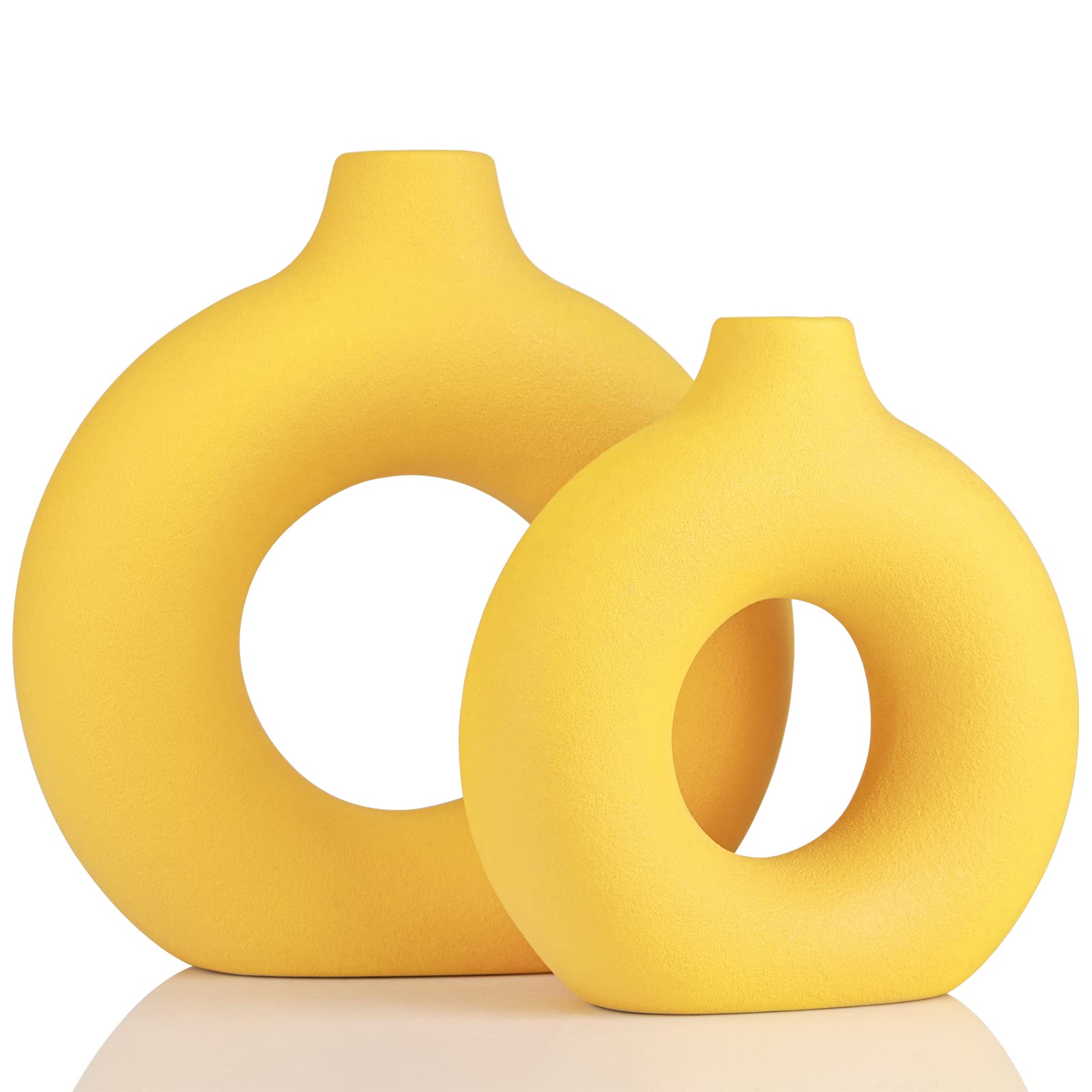 Yellow Vase Decor Donut Vase Set of 2 - Circle Hollow Vase, Modern Matte Ceramic Vase for Entryway Living Room Bedroom Dining Ta
