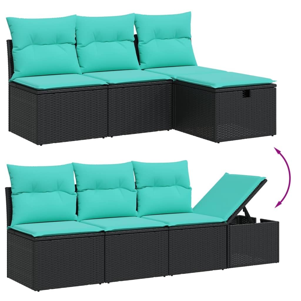 vidaXL Patio Sofa Set 7 Piece Black Poly Rattan with Blue Cushions - Thumbnail 4