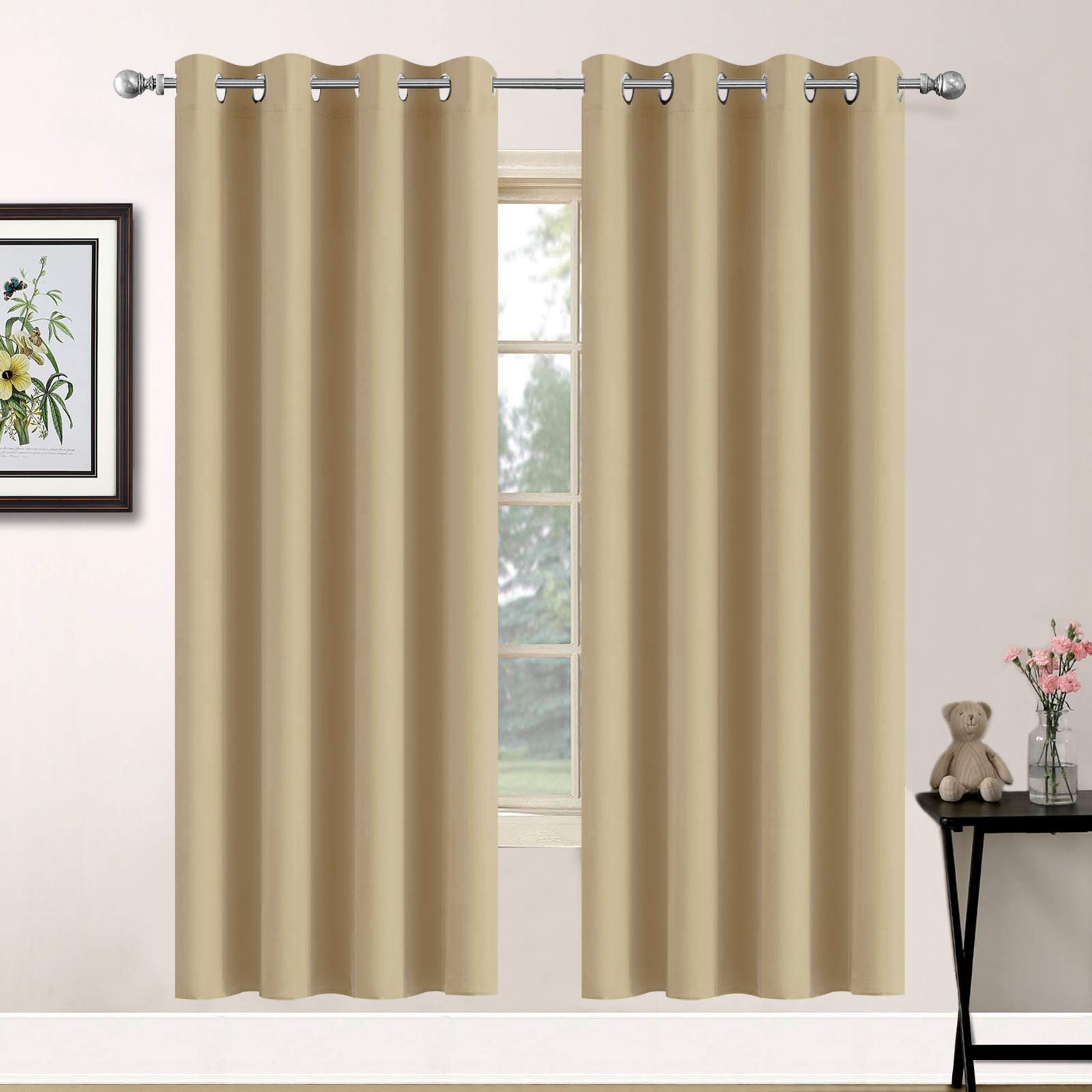 Yakamok Blackout Curtains Room Darkening Thermal Insulated Grommet Top Window Curtains For Living Room, 52 X 72Inch, Beige, Set