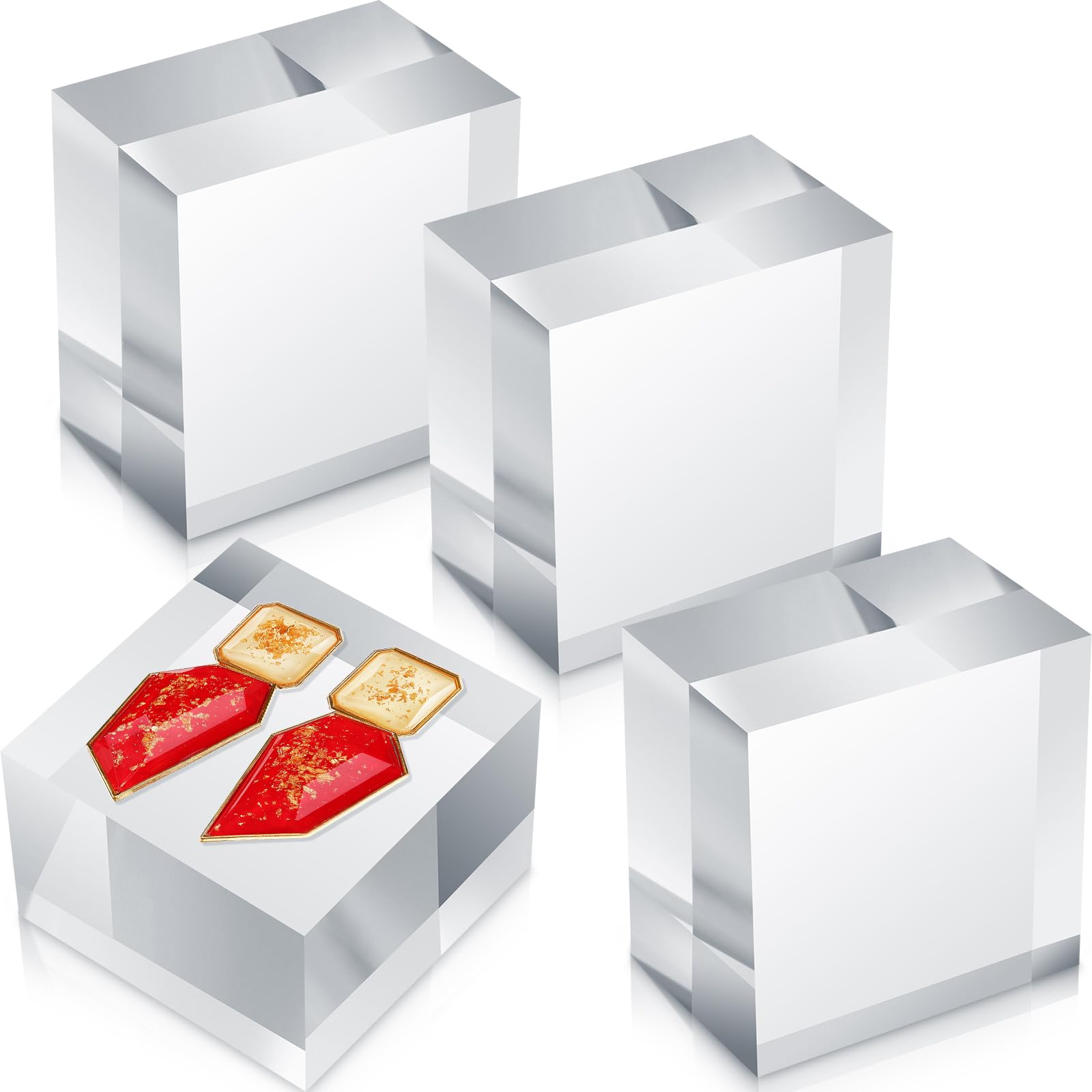 Remerry 4 Pieces 3 x 3 x 2 Acrylic Square Display Block Clear Polished Acrylic Cube Acrylic Jewelry Display Stand Ring Showcase 