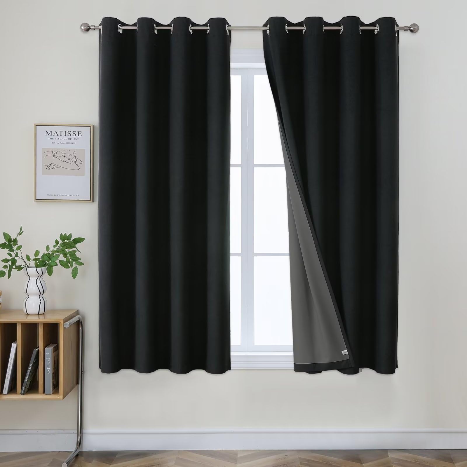 Joydeco Black Out Curtains 63 Inch Length, Black 100% Blackout Curtains For Bedroom, Room Darkening Thermal Insulated Short Text