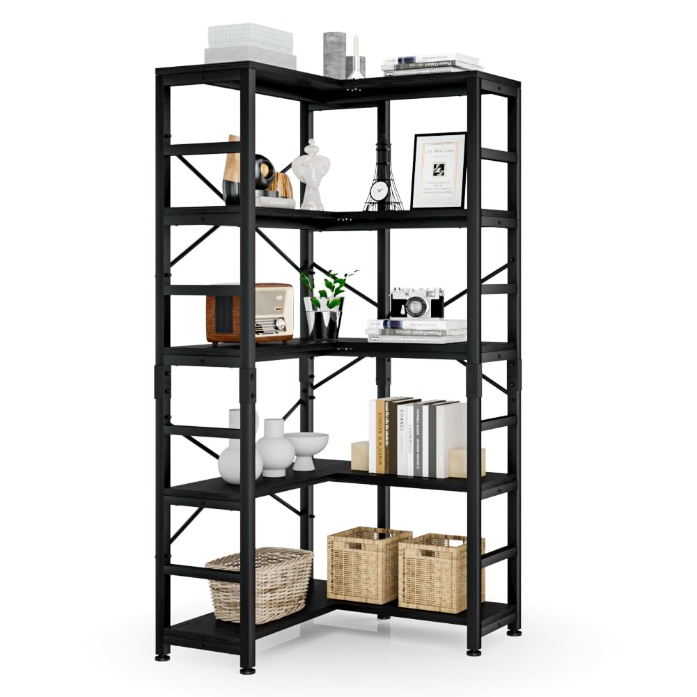 Numenn 5 Tier Corner Bookshelf, Modern Corner Bookcase, Large Open Shelf Bookcase, Tall Bookshelves Storage Display Rack For Bedroom, Living Room And Home Office, Black