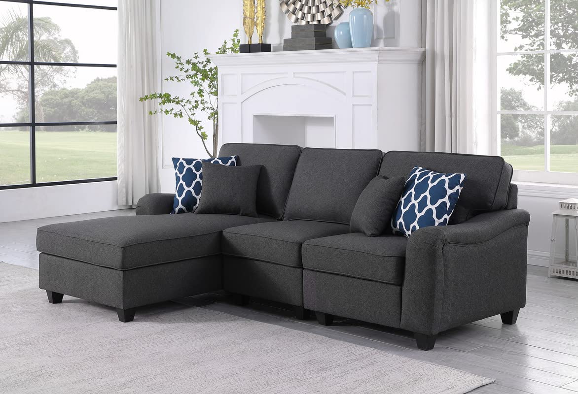 Lilola Home Leo Dark Gray Linen 3Pc Sectional Sofa Chaise