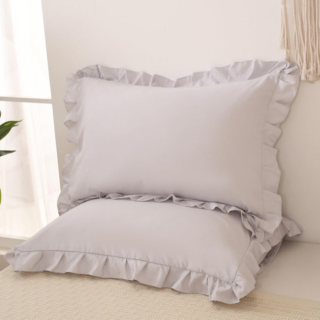 Beige Gray Pillow Shams Cute Ruffle Standard Pillowcases Solid Pillow Cover Set Of 2 Shabby Chic Soft Light Gray Pillowcases 2 P