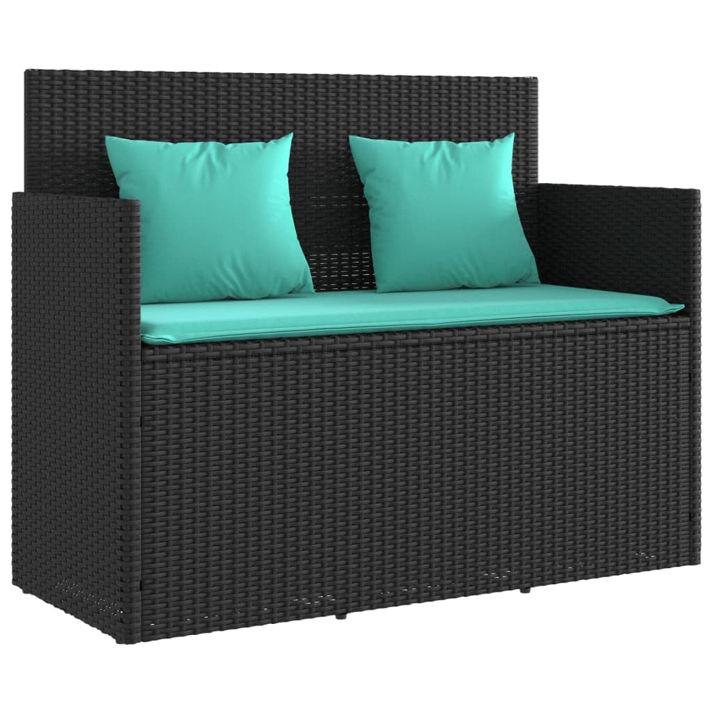 vidaXL Outdoor Loveseat Bench with Cushions - Black Poly Rattan Storage Seat - Patio Furniture with Water-Resistant Bag and Removable Covers - 47.2&quot; W