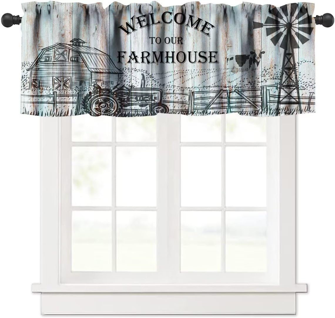 Janjcurt Farmhouse Valances For Windows, Rustic Farm Animal Cow Vintage Western Farm Windmill Barn Door Print Short Window Curta