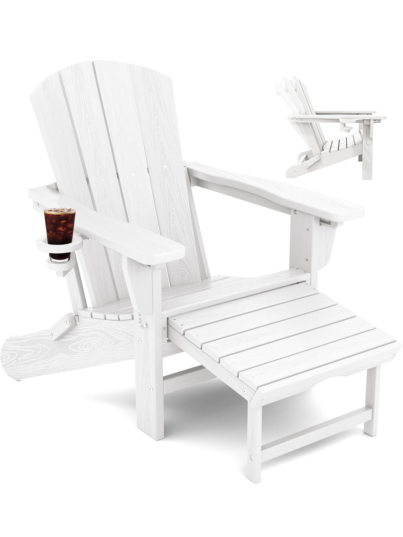 Kingyes Folding Adjustable Adirondack Chair With Retractable Ottoman, White