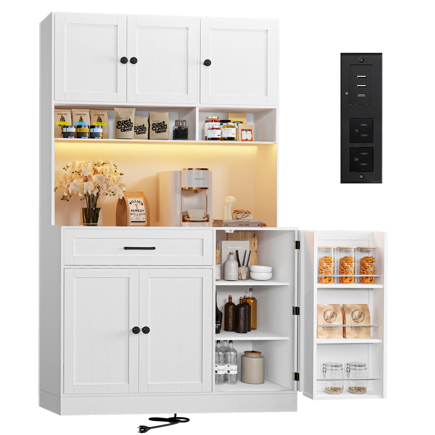 FJTJBSI 72 Kitchen Pantry Cabinet with LED Light and Charging Station Tall Pantry Storage Cabinet with Adjustable Shelves and Do