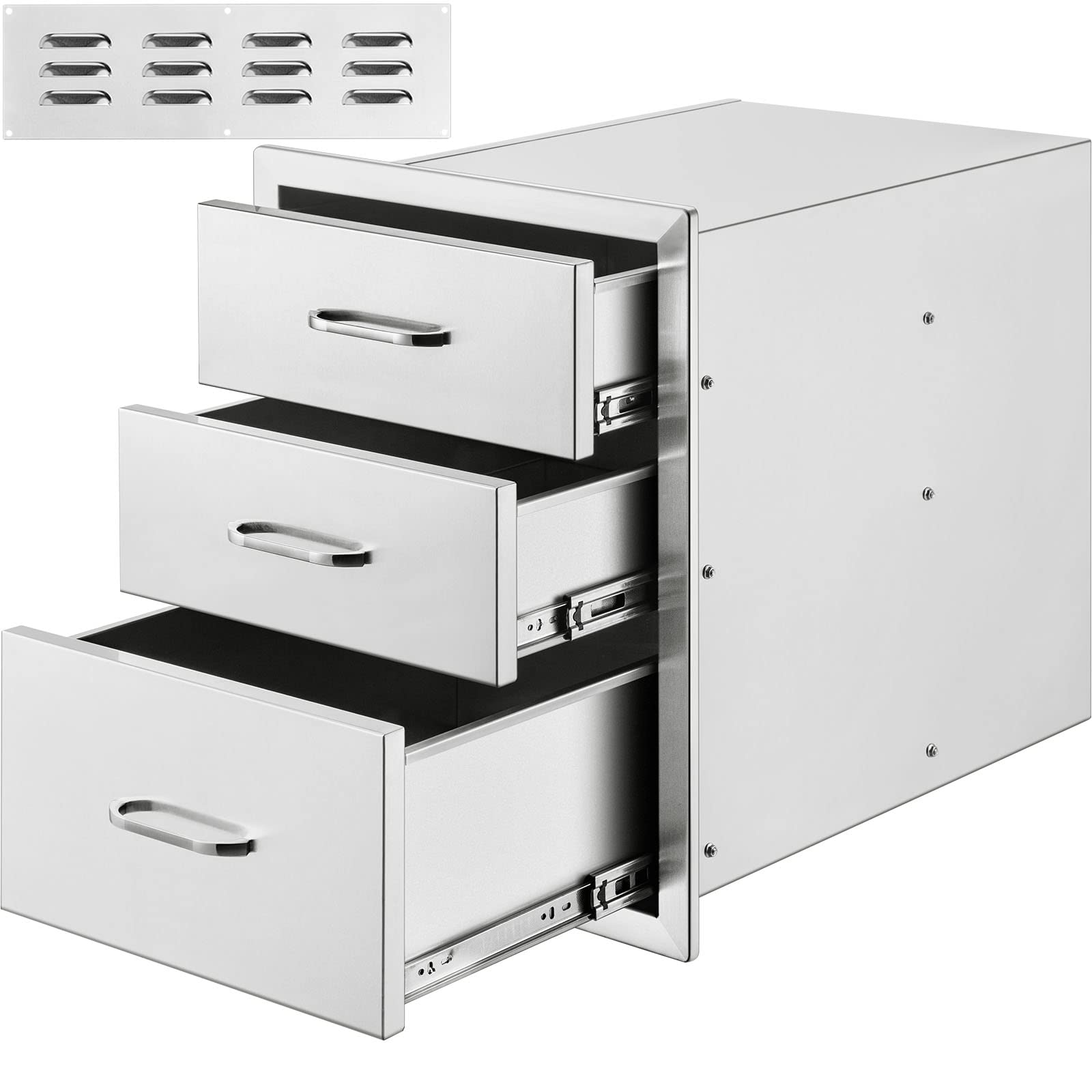 Vevor Triple Access Drawer 18'W H X 23'D, Flush Mount Stainless Steel Cabinet With Handle, Outdoor Kitchen Storage For Bbq Isl