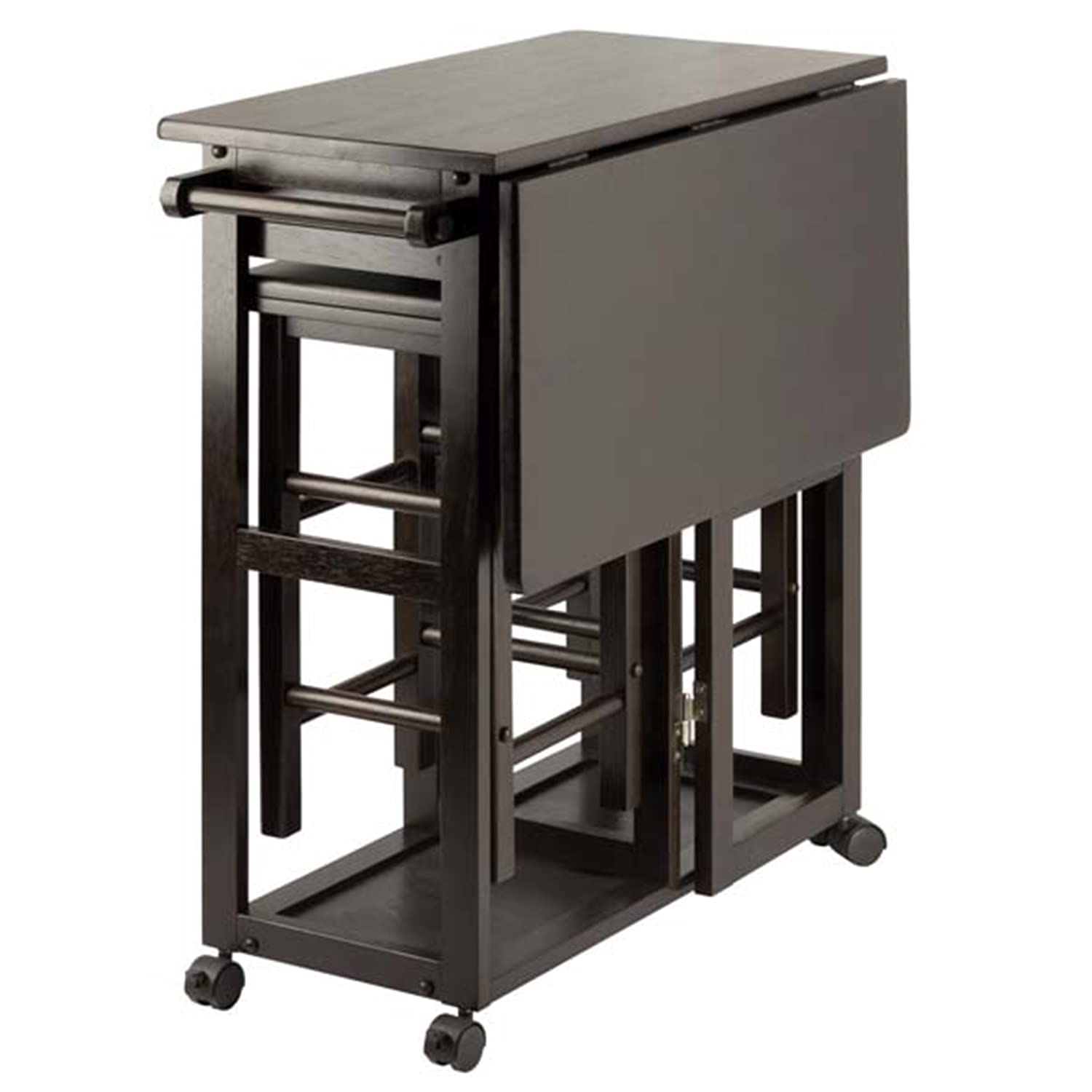 Winsome WN-23330 Suzanne 3 Piece Space Saver Foldable Compact Kitchen Island or Card Table with Extending Leaf and Stool Set for Small Spaces, Coffee