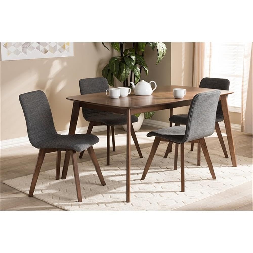 Baxton Studio Sugar Mid-Century Modern Dark Grey Fabric Upholstered Walnut Wood Finished 5-Piece Dining Set