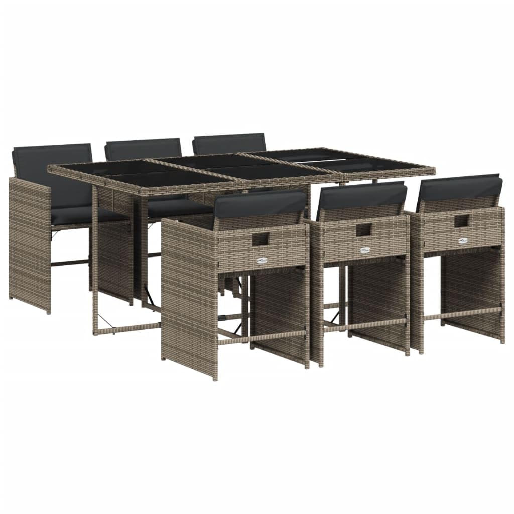 vidaXL Patio Dining Set with Cushions – 7 Piece Gray Poly Rattan Outdoor Garden Furniture, Includes Foldable Chairs and Tempered Glass Table for Backyard, Patio, and Deck