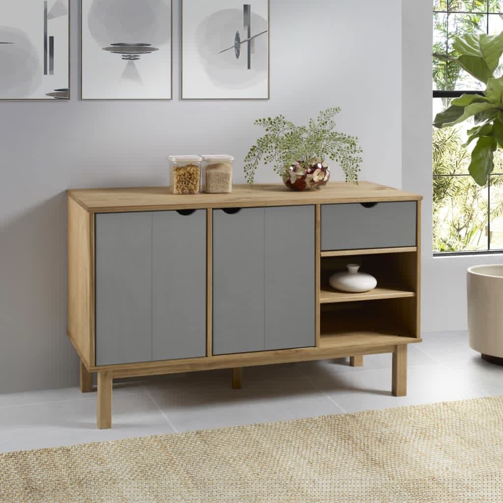 vidaXL OTTA Sideboard - Scandinavian Design - Solid Pinewood, Brown and Gray - 44.9&quot;x16.9&quot;x28.9&quot; - Ample Storage Space - Easy Assembly