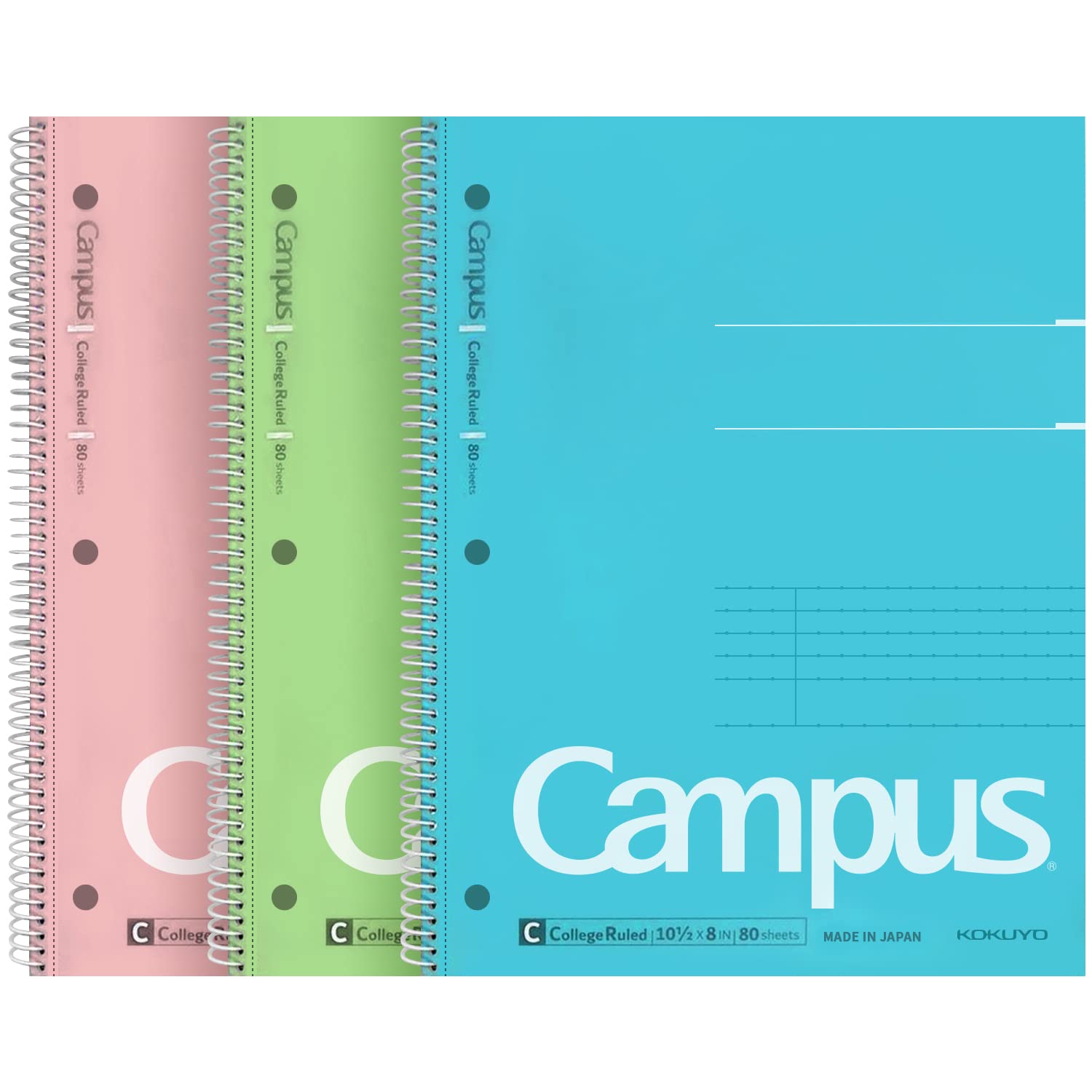 Kokuyo Campus Spiral Notebook, 10-1/2    X 8   , College Ruled, 80 Sheets (160 Pages), Bleed Resistant, Pack Of 3 Colors - Pink,