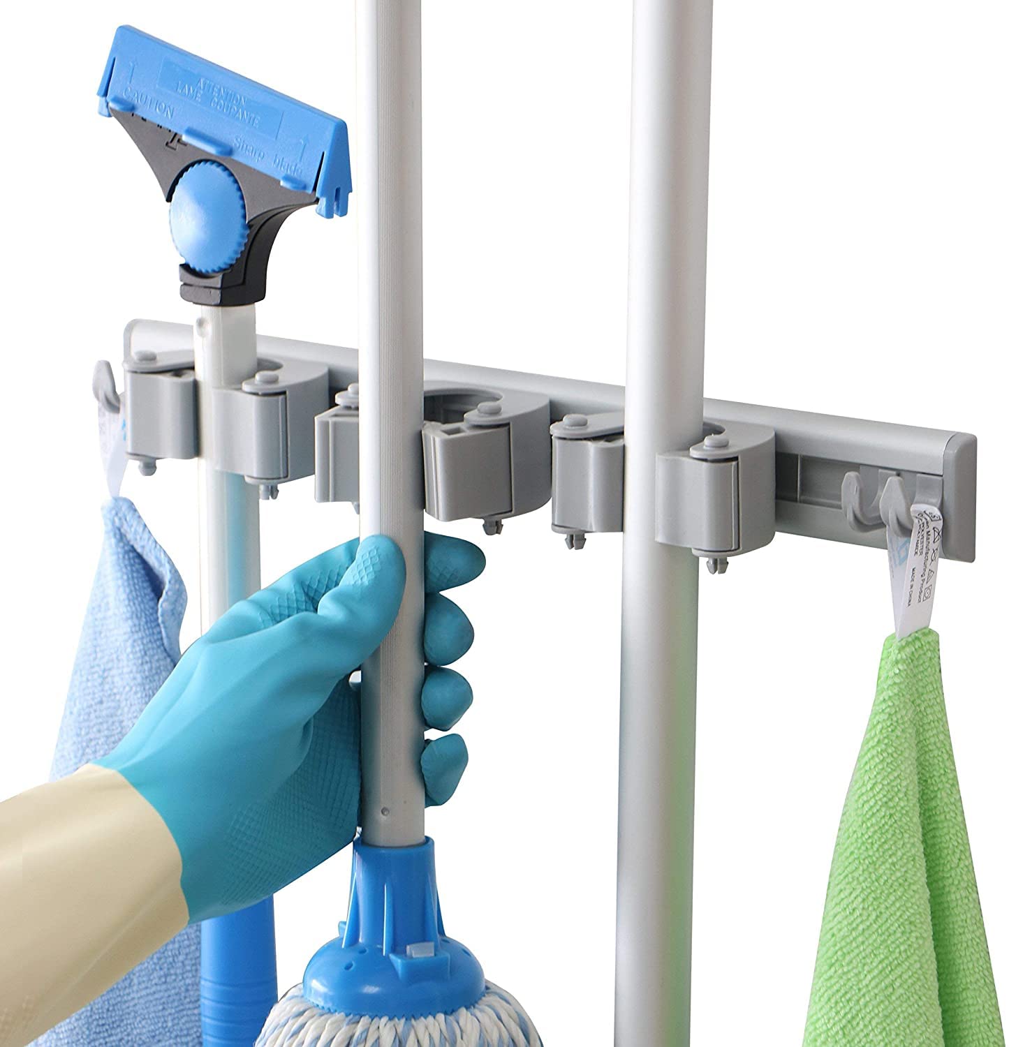 DrDirt Broom Holder Wall Mount - 14.5inch, 3 Sliding Grippers, 4 Hooks - Heavy Duty Mop and Broom Holder Wall Mount for Home Kit