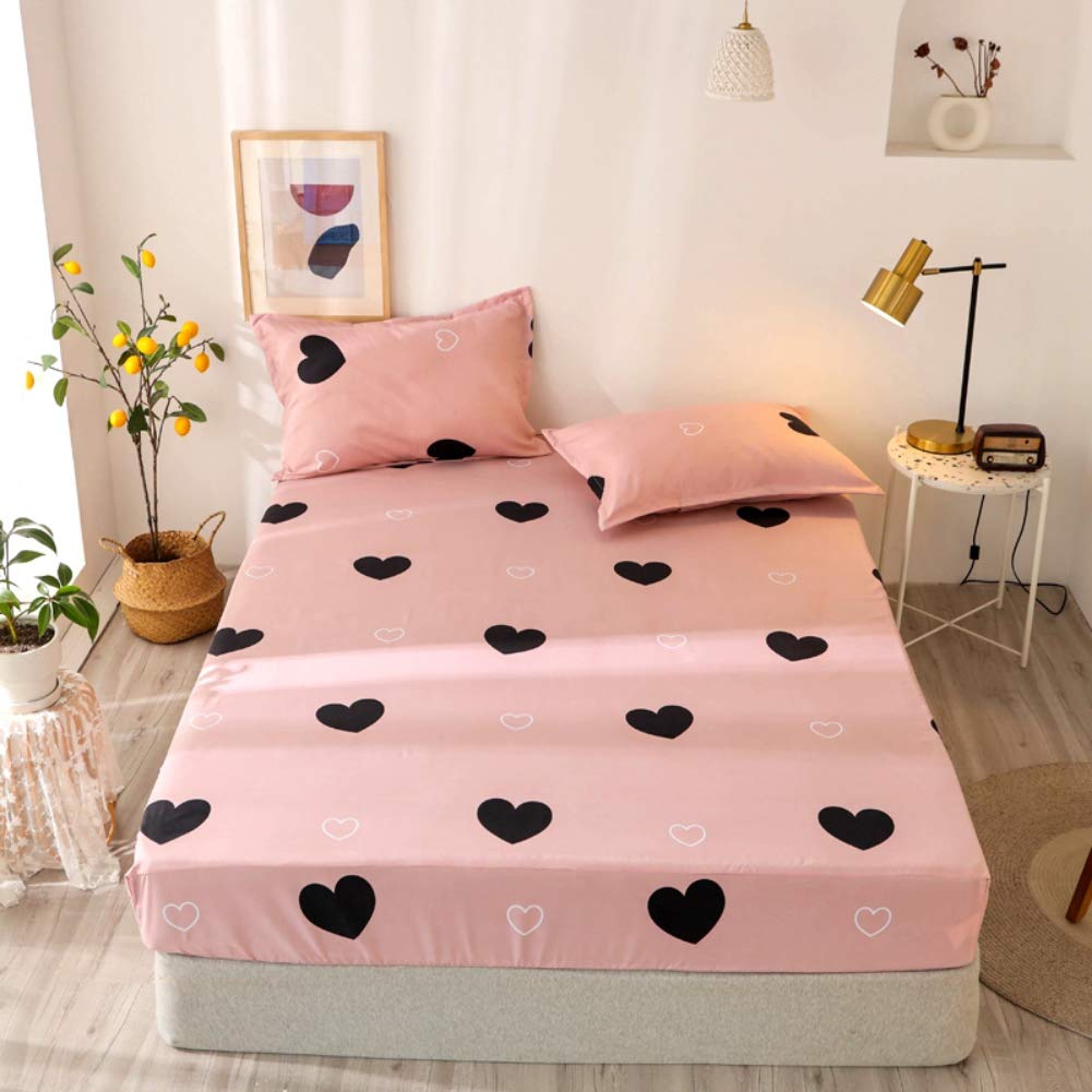 Girls Cute Heart Pattern Fitted Sheet For Kids Queen Size Lovely Pink Black Bedroom Decor Bed Sheet Set Girly Cartoon Love Geome