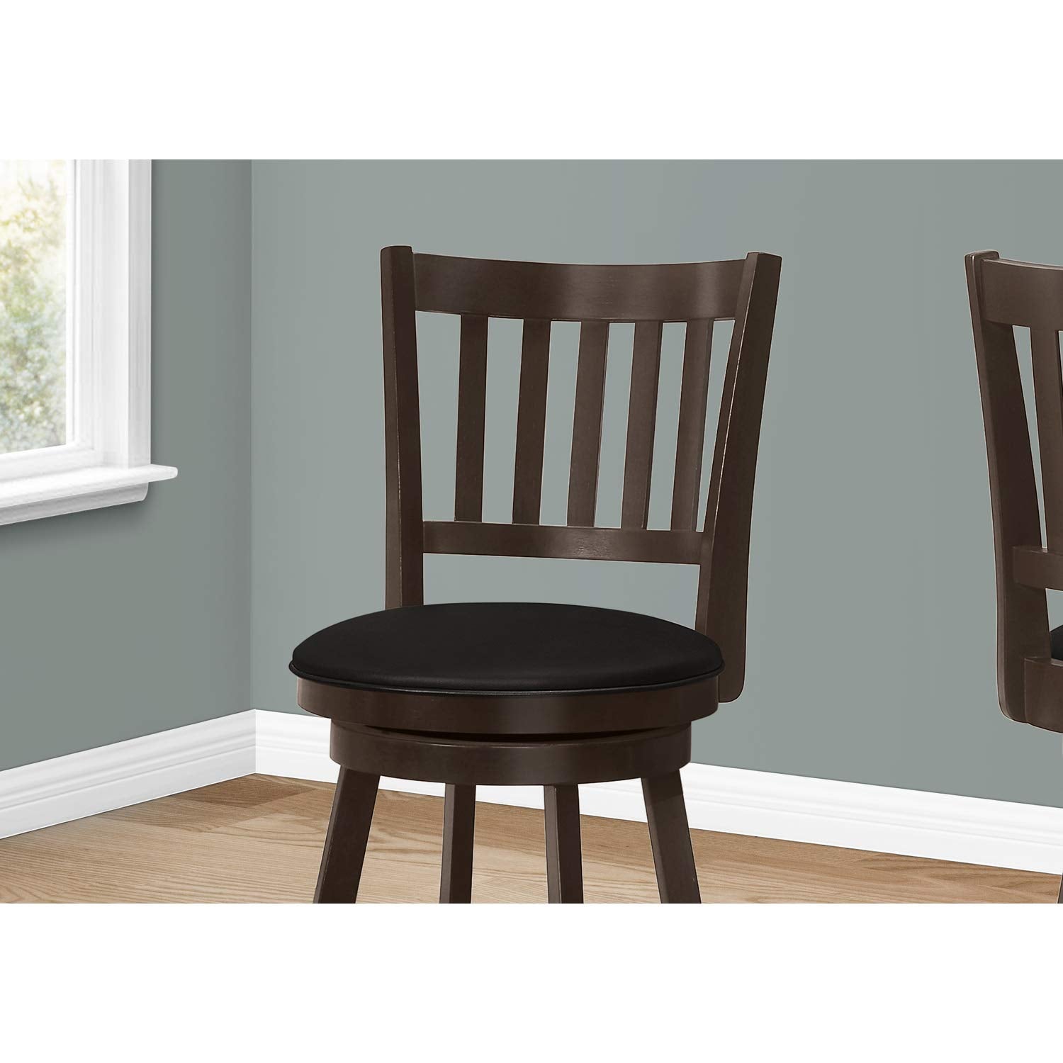 Monarch Specialties I 1237 Bar Stool, Set of 2, Swivel, Counter Height, Kitchen, Wood, Pu Leather Look, Brown, Black, Transitional