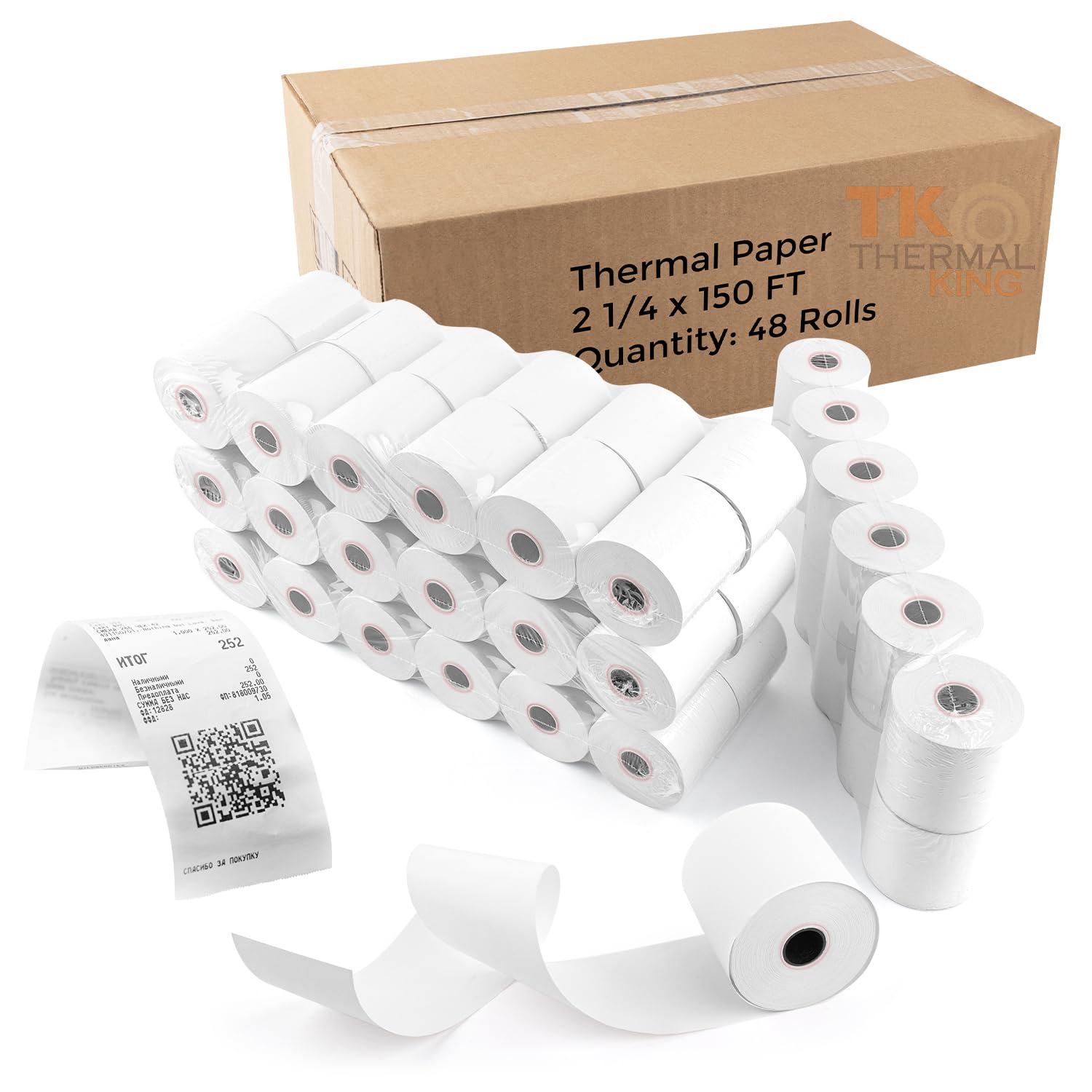 Tk Thermal King (48 Rolls) 2 1/4' X 150' Feet White Thermal Paper Adding Machine/Calculator Cash Register Pos Receipt, Fits All