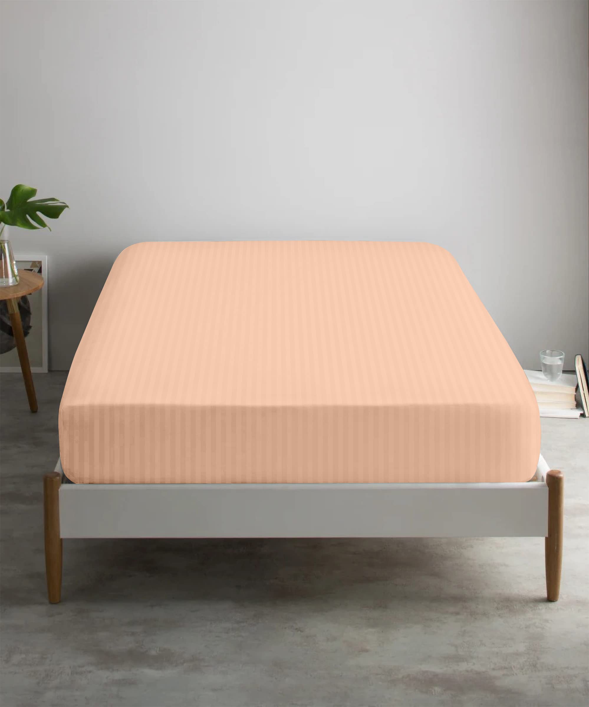 Feather & Stitch 1 Pc Fitted Sheet California King Size, 100% Cotton Damask Sateen Weave, Striped Breathable, Stretchable Elastic Sheet For Mattress 18 Inch Deep Pocket, 500Tc Ultra Soft - Maple