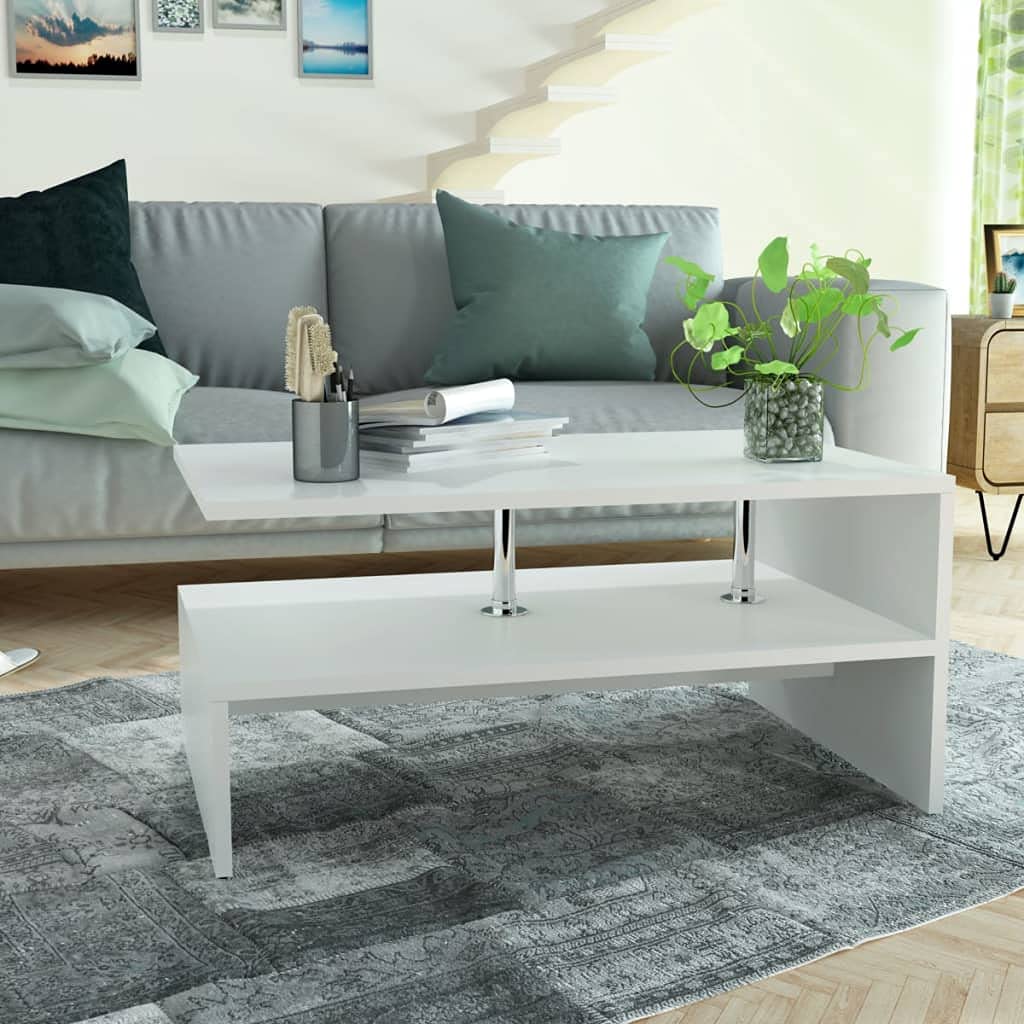 vidaXL Modern Matte White Coffee Table | Low Rectangular Design | Engineered Wood Construction | Stainless Steel Supports | Convenient Two-Shelves Storage | Easy Assembly