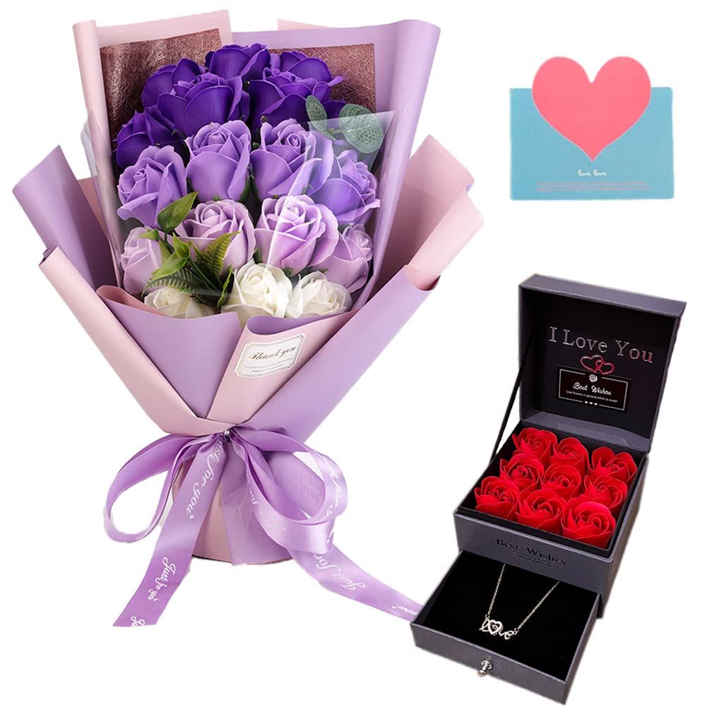 Eightown Roses Bouquet Fake Artificial Flower - Preserved Red Flowers With Love Necklace For Her - Unique Gifts Valentine'S Day,