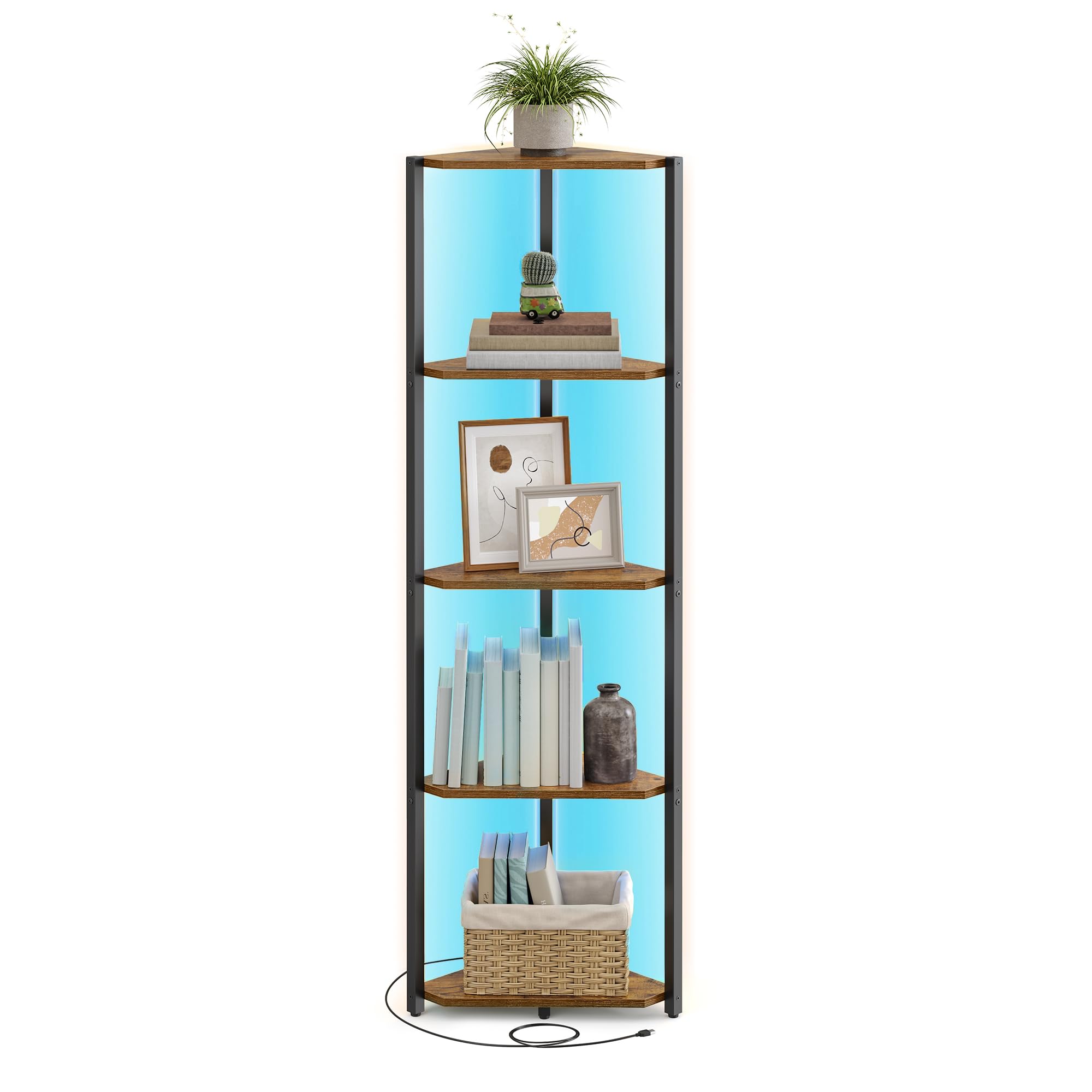 VASAGLE Corner Shelf Stand with LED Lights, 5-Tier Corner Bookshelf, Storage Shelf with Steel Frame, 9.8 x 18.9 x 57.7 Inches, f