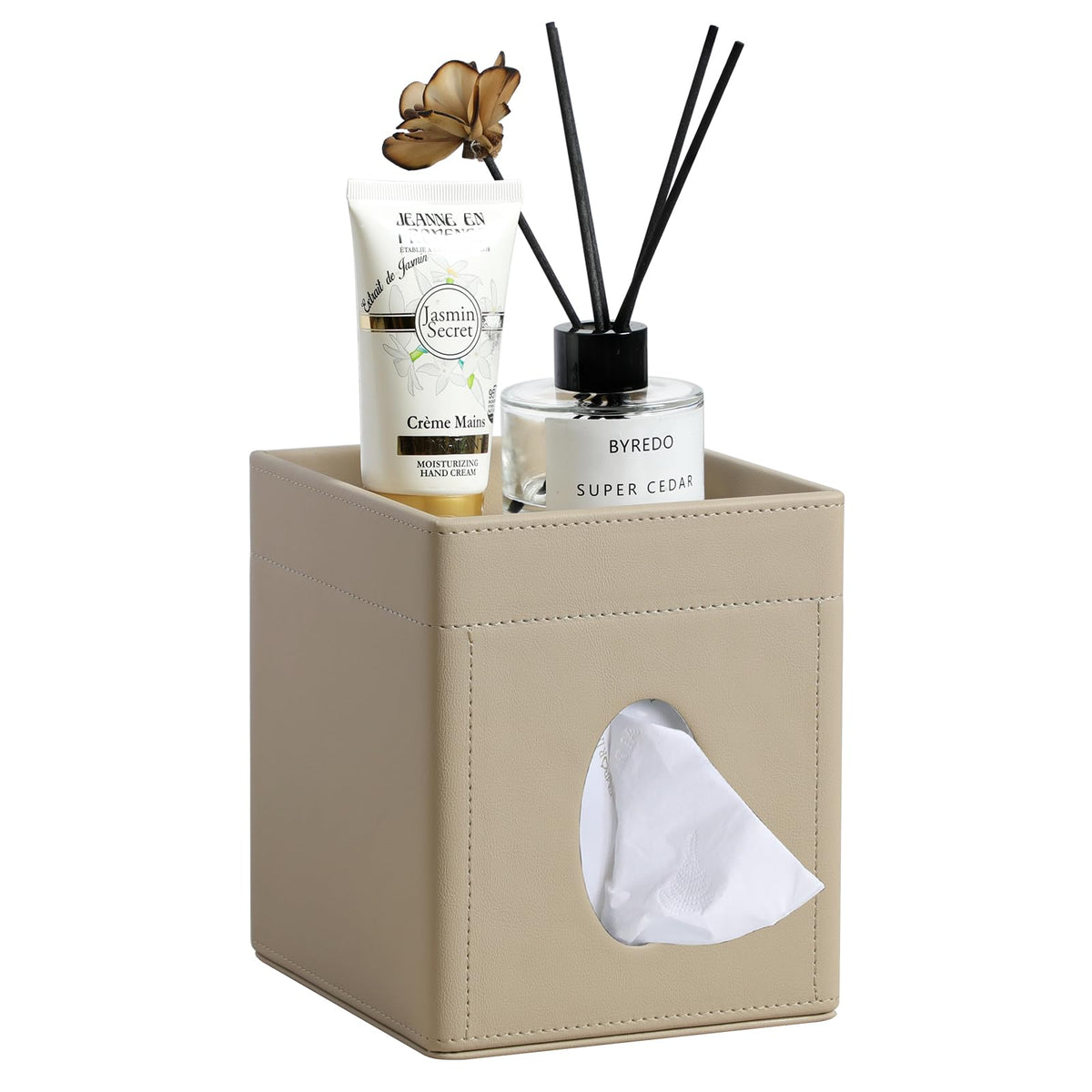 Cretkhp Tissue Box Cover, PU Leather Square Tissue Box Holder with Storage Tray for Bathroom Vanity Countertop Night Stands Bedr