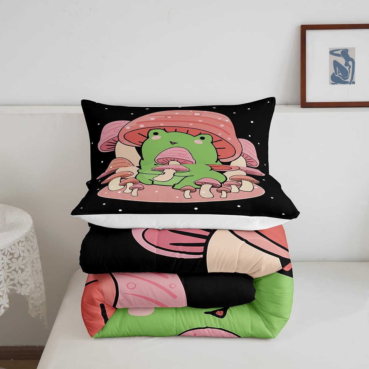 Feelyou Cartoon Mushroom Frog Bedding Set Cute Frog Comforter Set For Kids Boys Girls Natural Wild Fungus Comforter Pink Mushroo