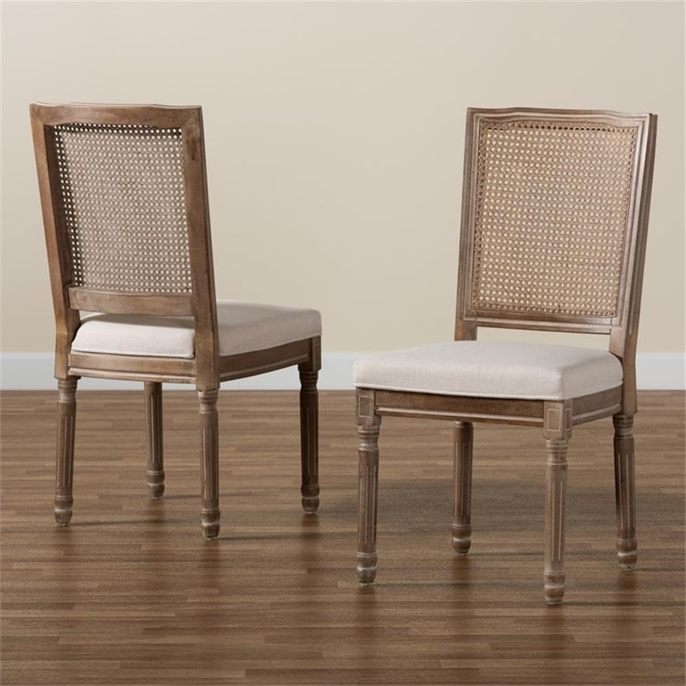 Baxton Studio Louane Traditional French Inspired Beige Fabric Upholstered and Antique Brown Finished Wood 2-Piece Dining Chair Set with Rattan