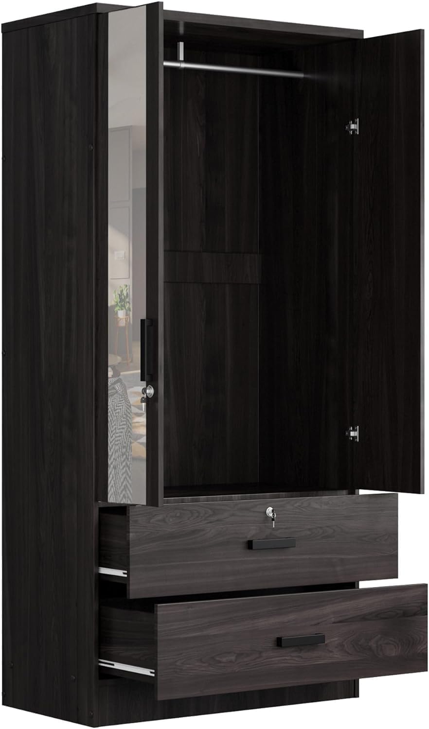 Woodpeckers Furniture And Mattress Mirrored Wardrobe with Drawers (Tobacco)