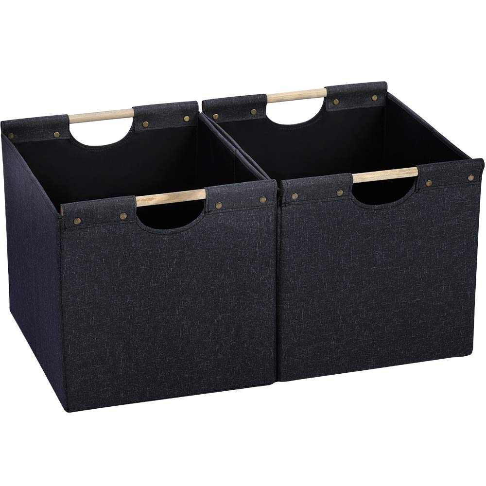 HOONEX Large Collapsible Storage Bins, Linen Fabric, 2 Pack, Storage Baskets with Wooden Carry Handles and Sturdy Heavy Cardboar